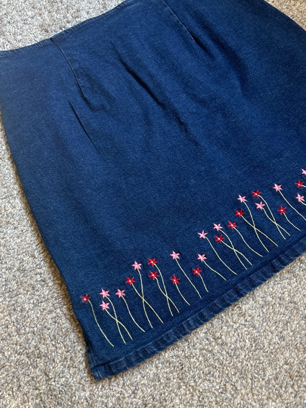 Route 66 Dark Blue Denim Skirt with Pink & Red Floral Embroidery
